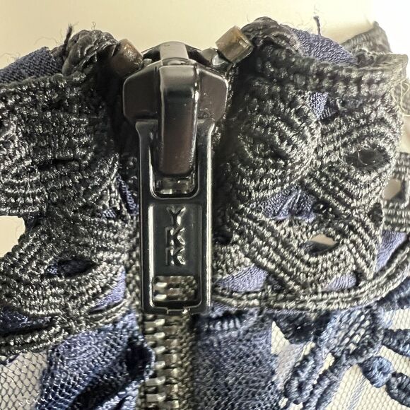 Renvy Size S Open Lace Fit and Flare Mini Dress Short Sleeve Red Navy High Neck - Picture 8 of 10